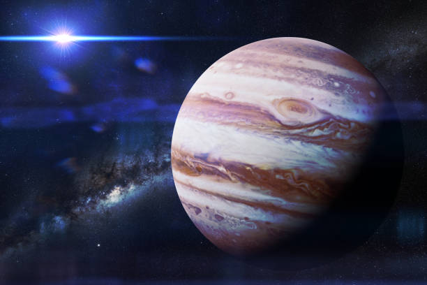 planet Jupiter in front of the galaxy and the Sun artist's interpretation of the gas giant jupiter stock pictures, royalty-free photos & images