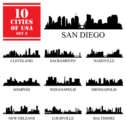 10 cities of United States of America #3, detailed silhouettes, vector illustration.