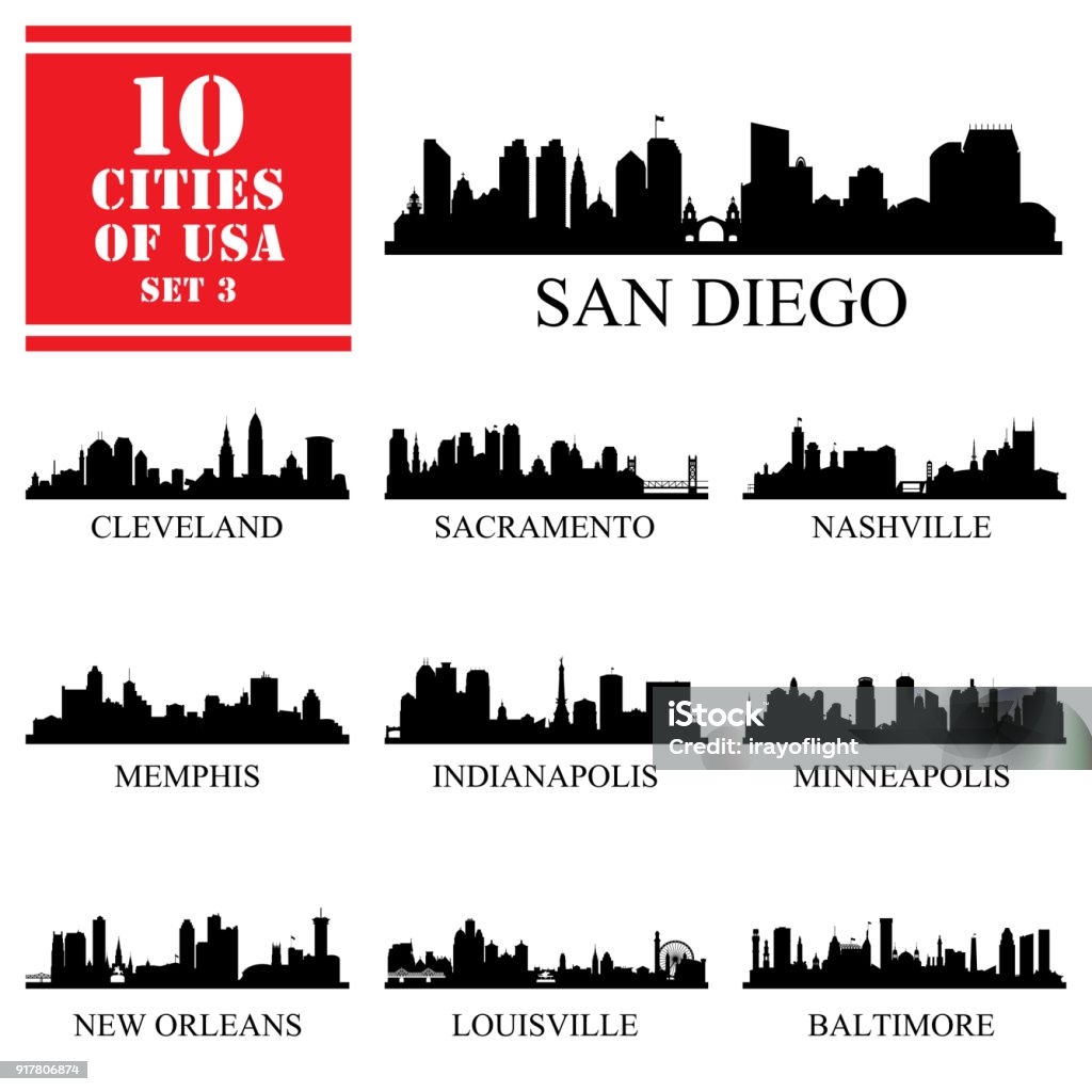 Set of 10 silhouettes USA Cities 10 cities of United States of America #3, detailed silhouettes, vector illustration. Urban Skyline stock vector