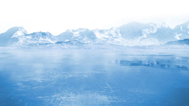 frozen lake with surrounding snow covered rocky mountains - winter lake snow fog imagens e fotografias de stock