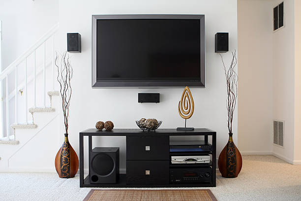 Home Theater System with Widescreen HDTV in Modern Living Room  cd player stock pictures, royalty-free photos & images