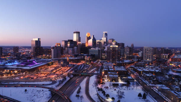 Downtown Minneapolis Skyline at sunset. Aerial Shot, near one of the biggest intersections of downtown Minneapolis, Minnesota