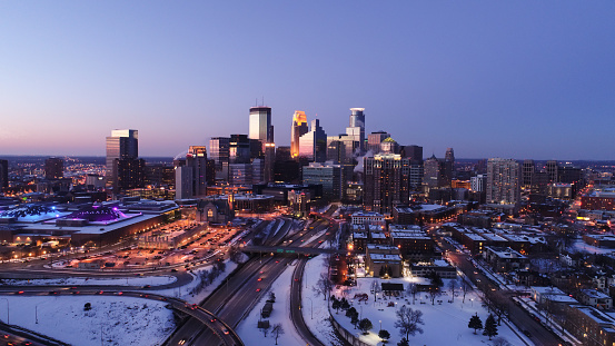 Downtown Minneapolis Skyline at sunset. Aerial Shot, near one of the biggest intersections of downtown Minneapolis, Minnesota
