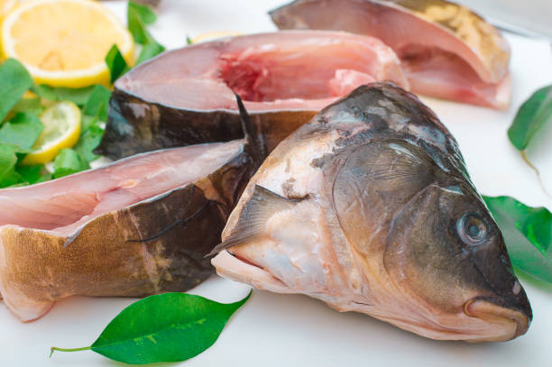 istock Raw fish with greens on a white cutting board 917826828