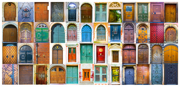 Collage of medieval front doors at Prague, Czech Republic, Venice, Italy and Salzburg, Austria.