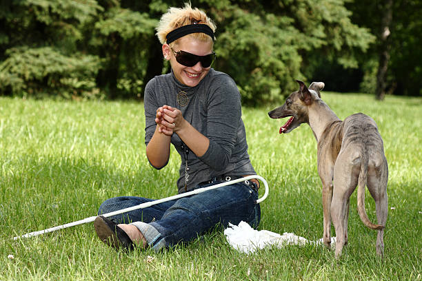 blinde frau spielt mit ihrem hund - blind women blind persons cane whippet stock-fotos und bilder