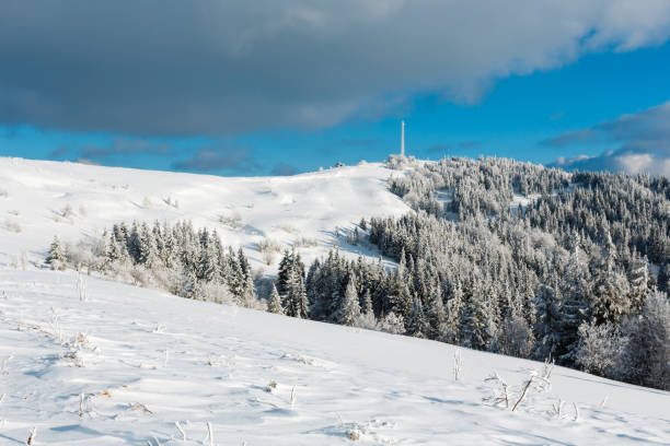 istock Winter hoar frosting trees,  tower and snowdrifts (Carpathian mountain, Ukraine) 917832608