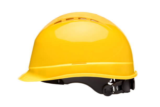 istock Yellow safety helmet isolated on white background side view 917832718