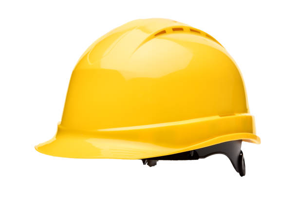 istock Yellow safety helmet isolated on white background side view 917832770