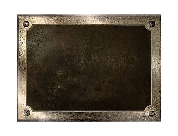 istock Dark gray metal plate with 4 screws isolated on white 91783474