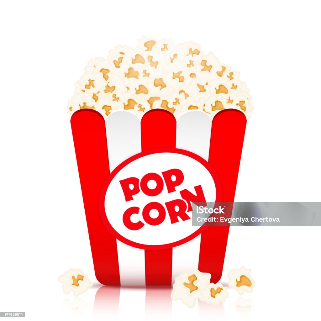 Popcorn vector, realistic illustration. Flakes of popcorn in a paper cup in red and white stripes, isolated on white Popcorn stock vector
