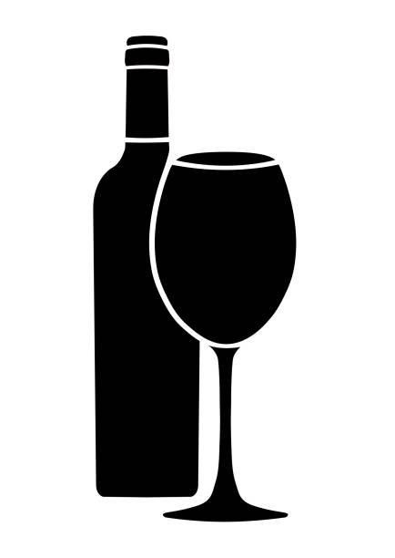 와인과 와인 글라스 벡터 아이콘, 기호, 상징, 실루엣 흰색 배경에 고립의 병 - wineglass illustration and painting isolated on white clipping path stock illustrations