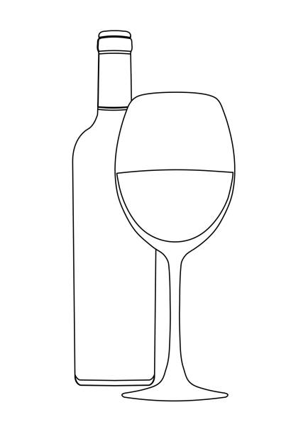 ilustrações de stock, clip art, desenhos animados e ícones de bottle of wine and wineglass, vector outline drawing, contour picture, coloring, sketch, icon, logo, sign, emblem, black and white illustration. isolated on white - food and drink fruit cartoon illustration and painting