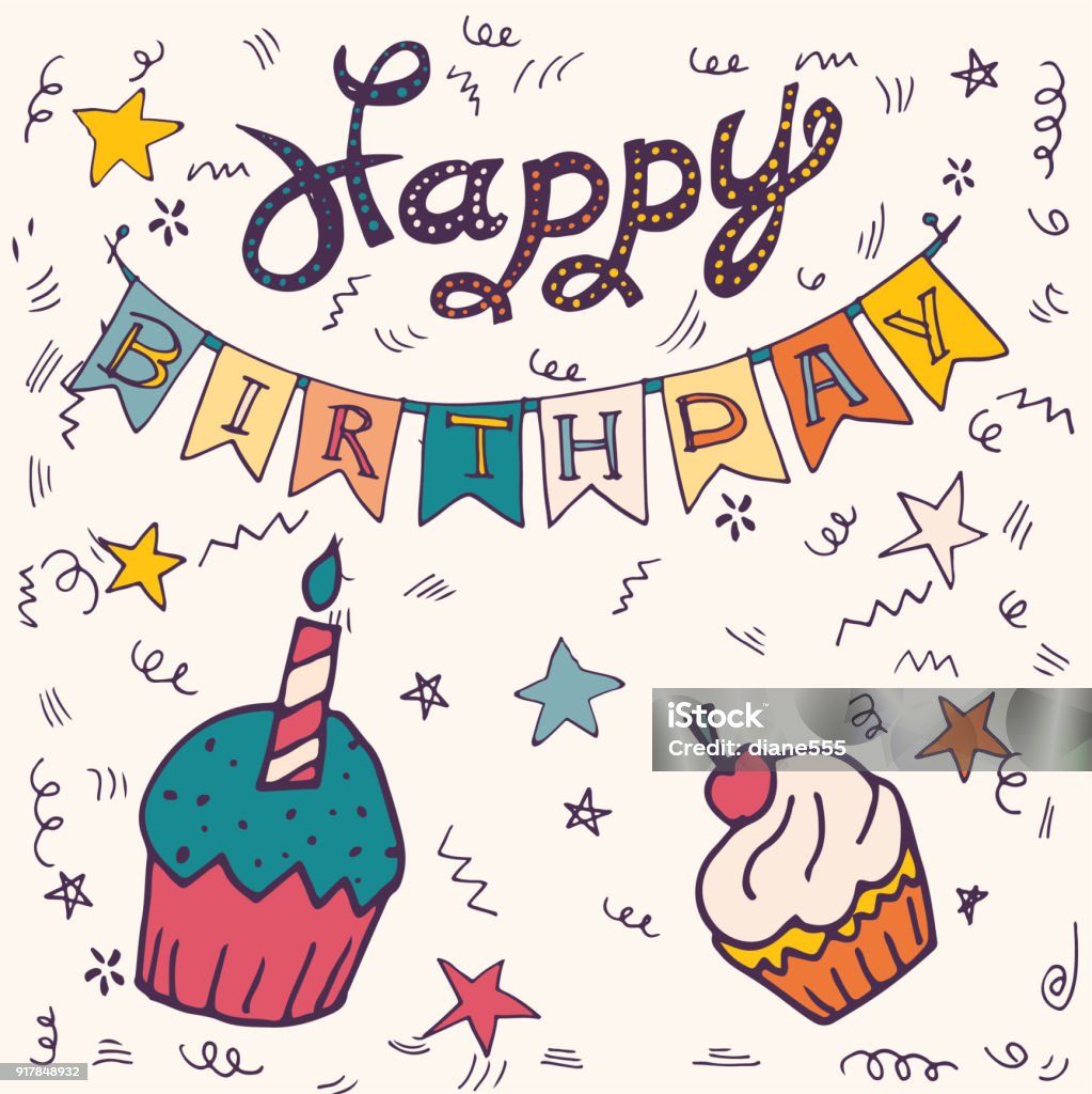 Hand Drawn Birthday Party Typography and Decoration Hand Drawn Doodled Party and Birthday Text With Cute Design Elements Birthday stock vector