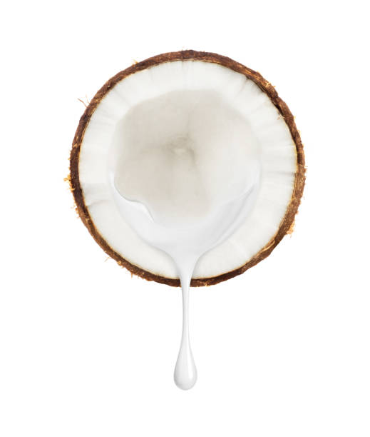 milk flows from a slice of coconut on a white background - drink close up dairy product flowing imagens e fotografias de stock