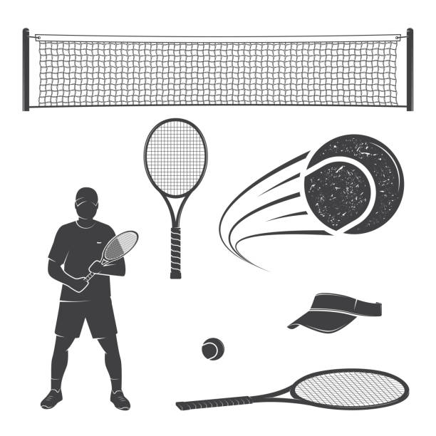 illustrazioni stock, clip art, cartoni animati e icone di tendenza di set di sagome di attrezzature da tennis - racquet strings