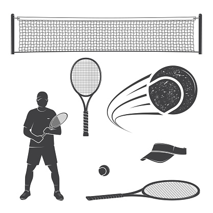 Set of tennis equipment silhouettes. Vector illustration. Collection include tennis racket, balls, tennis net, player and visor silhouettes.