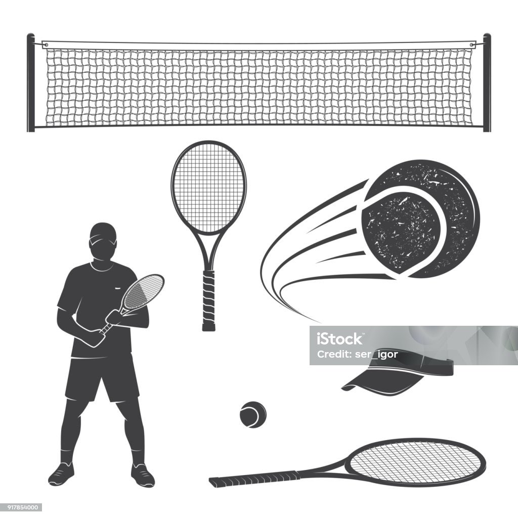 Set of tennis equipment silhouettes Set of tennis equipment silhouettes. Vector illustration. Collection include tennis racket, balls, tennis net, player and visor silhouettes. Tennis Net stock vector