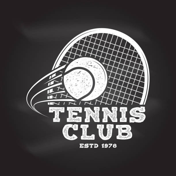 Tennis club. Vector illustration Tennis club badge. Vector illustration on the chalkboard. Concept for shirt, print, stamp or tee. Vintage typography design with tennis racket and ball silhouette. tennis stock illustrations