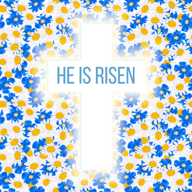 istock He is risen. Bible quote, Holy Cross on Daisy and blue flowers, forget-me-not, flax, chamomile wildflower background 917854688