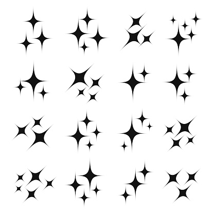 Sparkle icon set. Black glittery, glowing or brilliant particle of fire, star, shimmer and twinkle in air. Vector flat style cartoon illustration isolated on white background