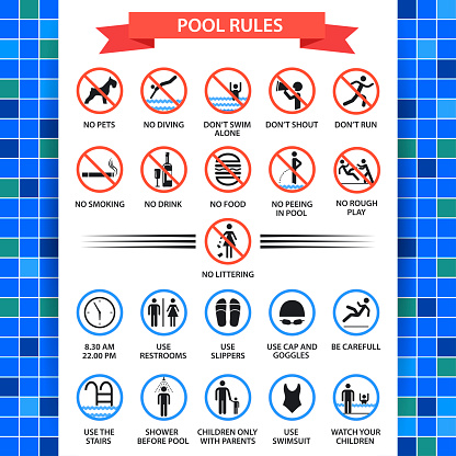 Pool rules poster. Swimming pool safety inspectors guide, rules of conduct and instructions. Vector flat style cartoon illustration isolated on white background