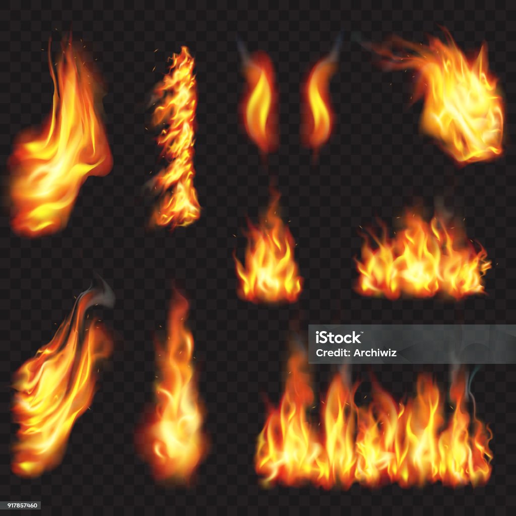 Realistic fire flames effect Vector illustration set. Fire - Natural Phenomenon stock vector