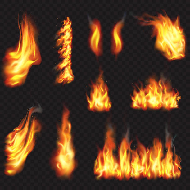 Realistic fire flames effect Vector illustration set. wildfire smoke stock illustrations