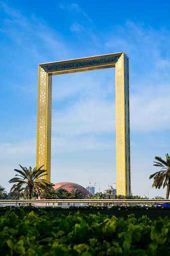 Dubai, United Arab Emirates, February 11, 2018: Dubai Frame building against blue sky. The frame measures 150 meters high and 93 meters wide and its new Dubai attraction