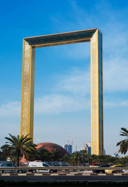 Dubai Frame building against blue sky Dubai, United Arab Emirates, February 11, 2018: Dubai Frame building against blue sky. The frame measures 150 meters high and 93 meters wide and its new Dubai attraction undivided highway stock pictures, royalty-free photos & images