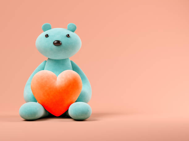 istock Blue toy bear with heart on pink background 3D illustration 917861332