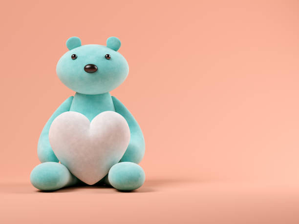 istock Blue toy bear with heart on pink background 3D illustration 917861368