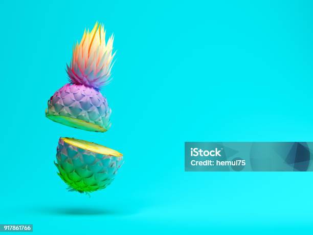 Multicolor Slice Pineapple On Blue Background 3d Rendering Stock Photo - Download Image Now