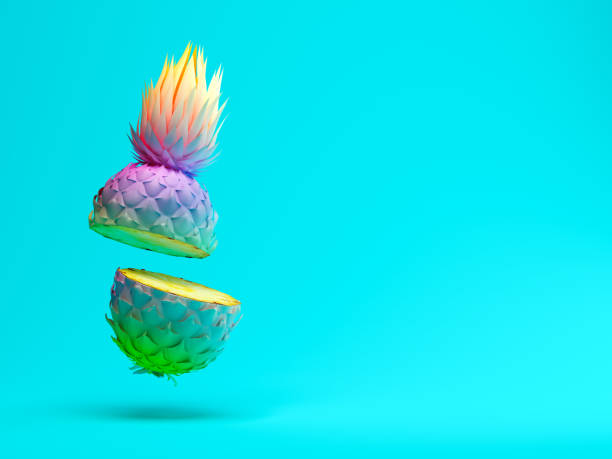 wielokolorowy plasterek ananasa na niebieskim tle renderowania 3d - food refreshment fruit freshness zdjęcia i obrazy z banku zdjęć