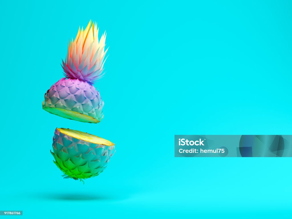 Multicolor fatia de abacaxi na renderização 3D de fundo azul - Foto de stock de Verão royalty-free