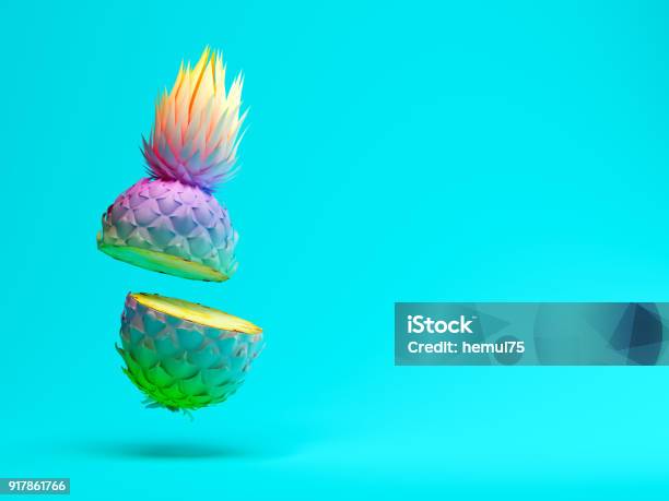 彩色切片鳳梨藍色背景3d 渲染 照片檔及更多 夏天 照片 - 夏天, 立體, 菠蘿