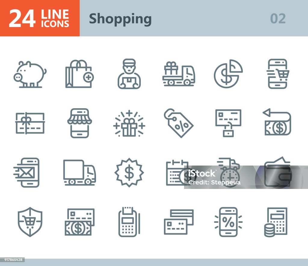 Shopping - line vector icons Vector Line icons set. One icon consists of a single object. Files included: Vector EPS 10, HD JPEG 3000 x 2600 px Online Shopping stock vector