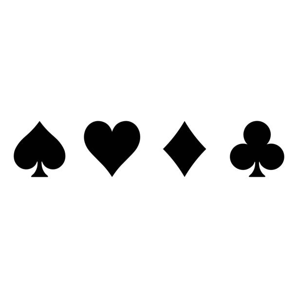 kuvapankkikuvitukset aiheesta pokerikorttipuvut - sydämet, mailat, patat ja timantit - valkoisella taustalla. kasinopelaamisen teemavektorikuva. yksinkertaiset mustat siluetit - pata