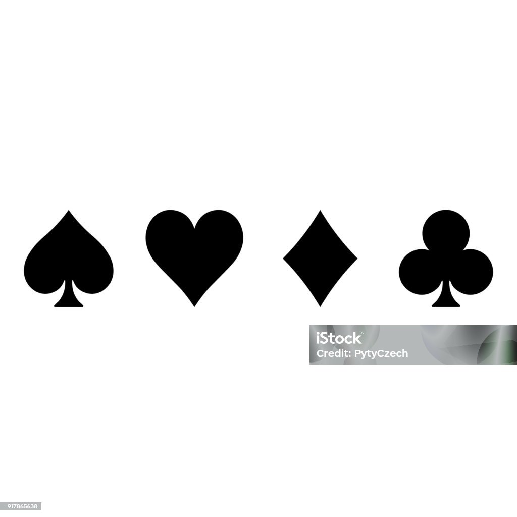 Carte de poker costumes - hearts, clubs, pique et diamants - sur fond blanc. Casino jeu thème vector illustration. Silhouettes noires simples - clipart vectoriel de Cartes à jouer libre de droits