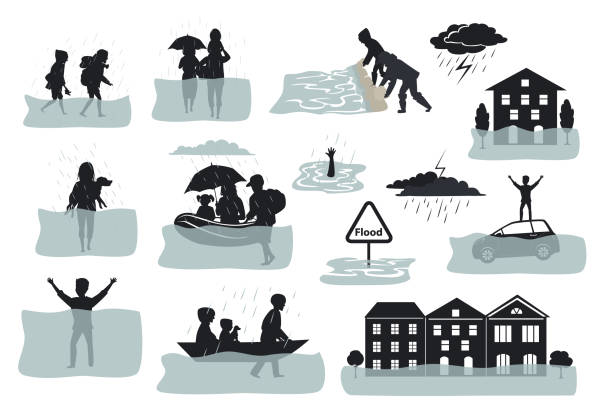 illustrations, cliparts, dessins animés et icônes de inonder les éléments silhouette infographique. inondé, maisons, ville, voiture, gens fuir crues laissant des maisons, des maisons, des animaux de sauvetage de familles, barrière de sacs de sable pour la protection, les signes, les symboles de la construction - shower silhouette women people