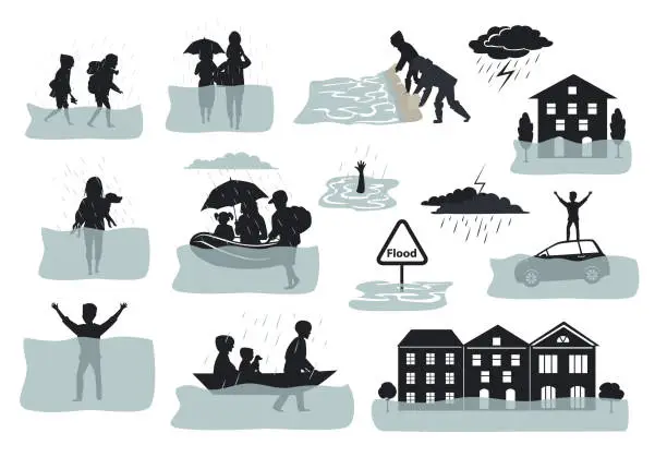 Vector illustration of flood infographic silhouette elements. flooded houses, city, car, people escape from floodwaters leaving houses, homes, rescue families animals, building sandbag barrier for protection, signs, symbols