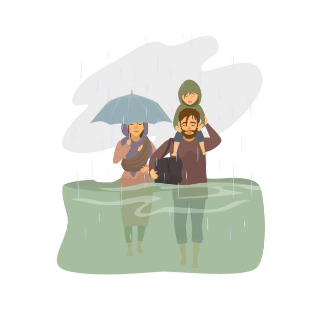 ilustrações, clipart, desenhos animados e ícones de família, pessoas escaparem da correnteza, gráfico de vítimas de inundação - floodwaters