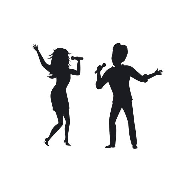 illustrazioni stock, clip art, cartoni animati e icone di tendenza di silhouette di un uomo e una donna coppia che cantano - ballad