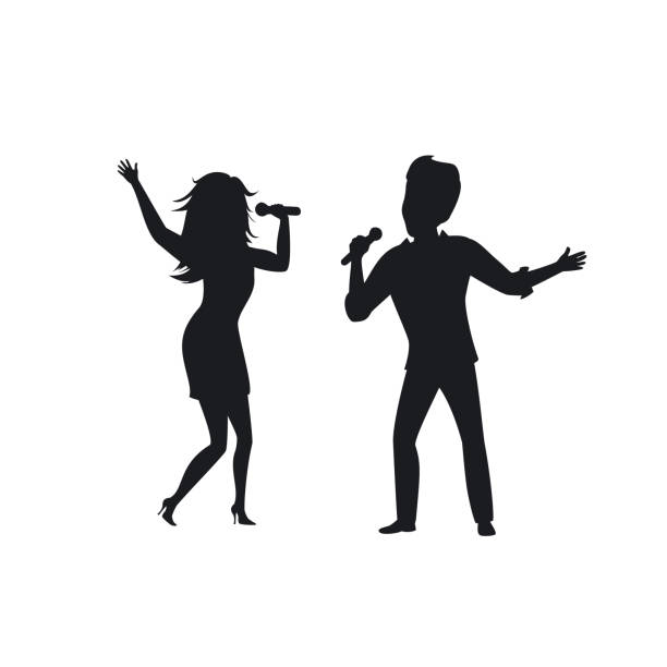 sylwetka pary mężczyzny i kobiety śpiewającej - singing silhouette singer karaoke stock illustrations