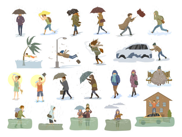 ilustrações de stock, clip art, desenhos animados e ícones de collection of people coping with bad severe meteorological weather conditions disasters like extreme heat and cold, hurricane, strong wind snow hail rain storm, tsunami, flood graphic - environmental damage destruction storm tornado