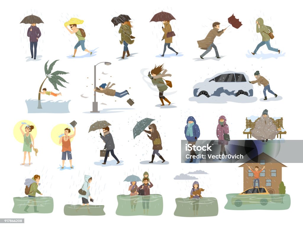 collection of people coping with bad severe meteorological weather conditions disasters like extreme heat and cold, hurricane, strong wind snow hail rain storm, tsunami, flood graphic People stock vector