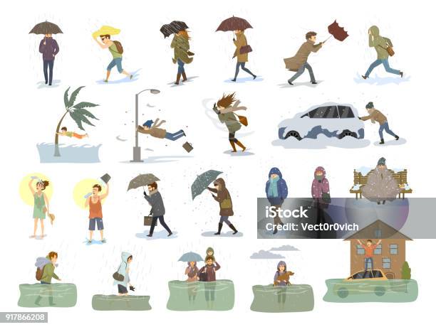 Collection Of People Coping With Bad Severe Meteorological Weather Conditions Disasters Like Extreme Heat And Cold Hurricane Strong Wind Snow Hail Rain Storm Tsunami Flood Graphic Stock Illustration - Download Image Now