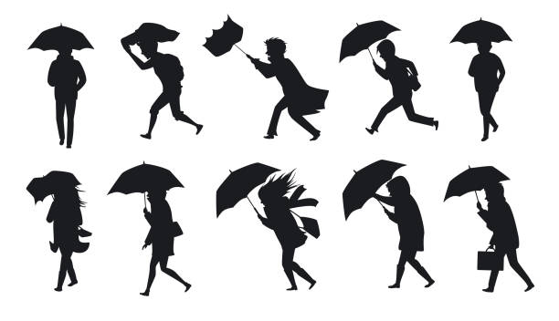 collection of people walking under the rain storm wind with umbrellas collection of people walking under the rain storm wind with umbrellas rain silhouettes stock illustrations