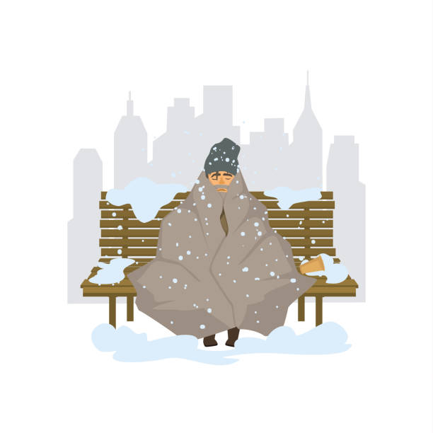 ilustrações de stock, clip art, desenhos animados e ícones de homeless man freezing outside in the city park graphic - snow winter bench park