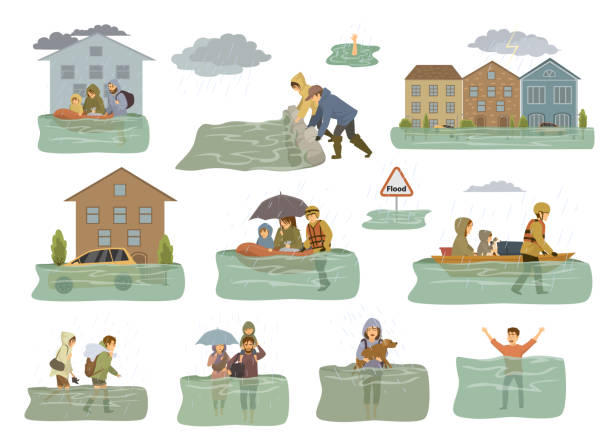 illustrazioni stock, clip art, cartoni animati e icone di tendenza di elementi infografici di alluvione. case allagate, città, auto, persone fuggono dalle acque alluvionali lasciando case, case, animali famiglie di salvataggio, costruendo una barriera per il sacco di sabbia per la protezione - floodwaters